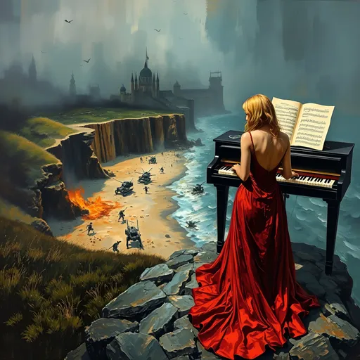 Prompt: (thick impasto oil painting), (dark color scheme), (surrealism style), a sad, devastated blonde pianist in a long red gown is in the foreground (aerial angle) as she plays on a bluff during the D-day Normandy invasion. Battle Chaos on the beach below.