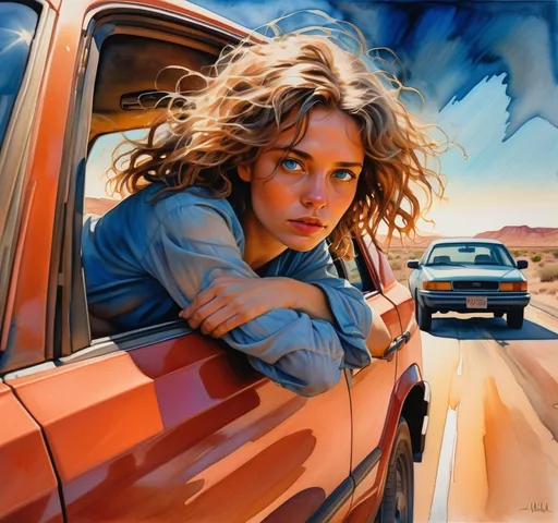 Prompt: (mixed media) expressionist, (vibrant colors) watercolor, gouache, acrylic, impasto oil, a pretty wavy haired blue eyed woman leaning out of a car window, (dynamic pose), desert landscape with (sunset hues), blurred secondary car chasing in the background, (high depth) dramatic lighting, (cinematic ambience), conveying a sense of freedom and adventure, ultra-detailed, capturing a moment of motion and spontaneity.