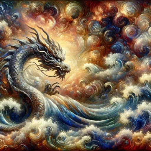 Prompt: (impressionism style) surreal landscape, (vibrant colors), a dragon surrendering, enveloped by waves of time, intricate details in copper, silver, and gold, lost beauty amidst dazzling hues, emotional depth, textured brushstrokes, dreamlike quality, captivating ambiance, 4K ultra-detailed masterpiece, evoking reflection and nostalgia, enchanting and whimsical atmosphere.