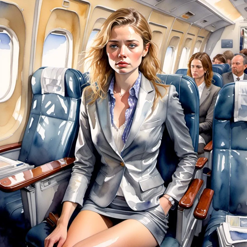 Prompt: <mymodel>Watercolor illustration of a woman on a plane, silver miniskirt suit, intense emotion, weeping, detailed tears, atmospheric lighting, emotional, high quality, watercolor, intense emotion, realistic, detailed clothing, professional, soft colors, sorrowful expression