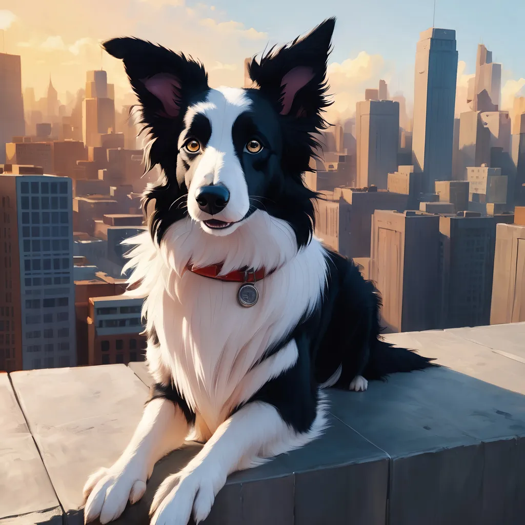 Prompt: "Close-up cartoony (pointy eared border collie) (with no tail) is perched on a ledge in the foreground, surrounded by a dense city atmosphere, sunrays, maximalist hyperdetailed hyperrealistic"