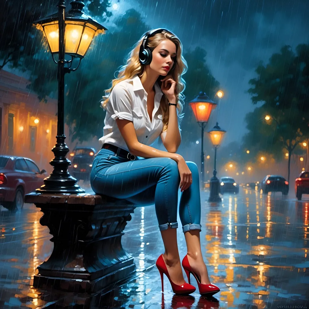 Prompt: <mymodel> sitting in park with headphones on. Tight black jeans, red high heels, shirt soaked wet with rain. Illuminated by streetlights. Night. Rain. Mist.