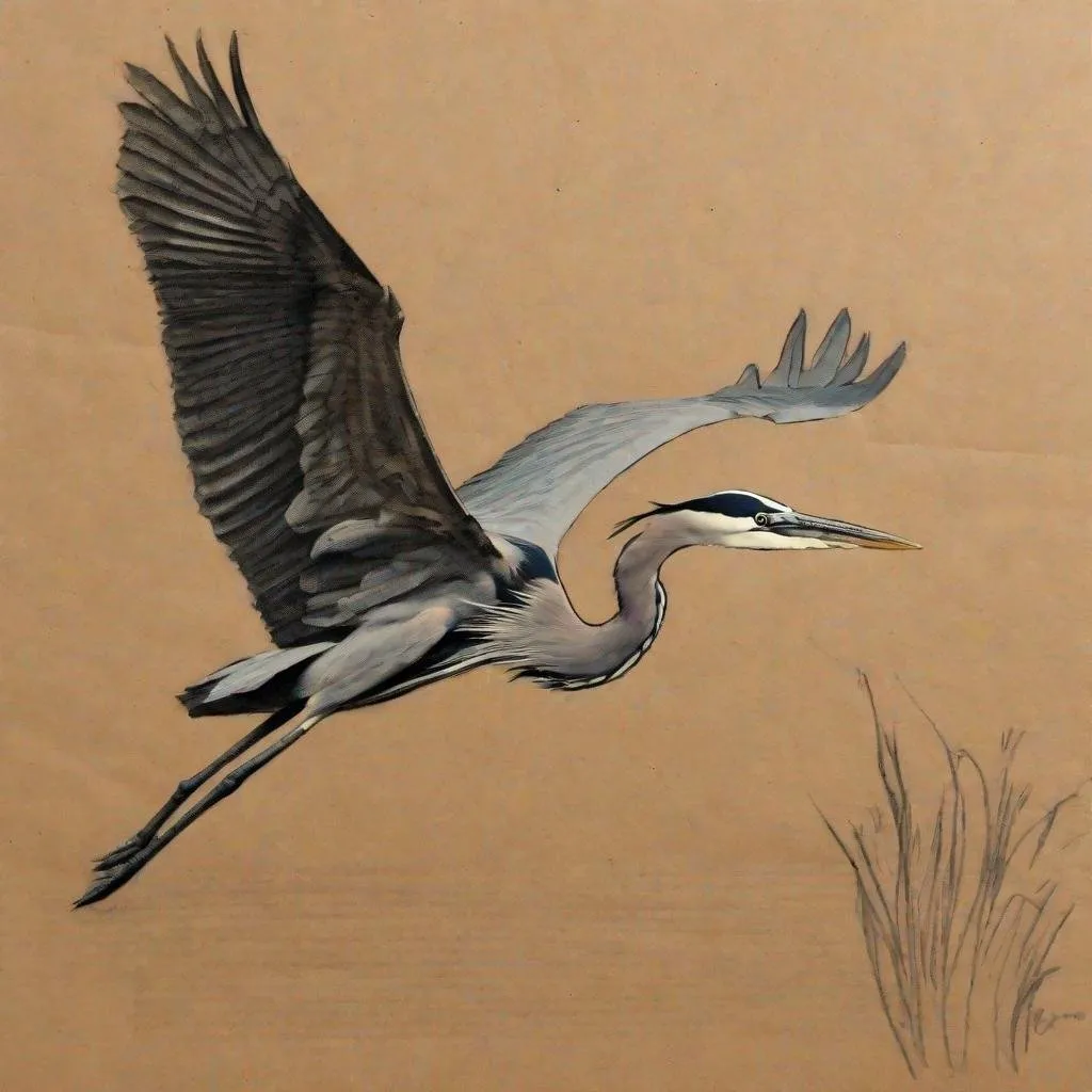 Prompt: A rough charcoal drawing of a flying blue heron, drawn on brown paper