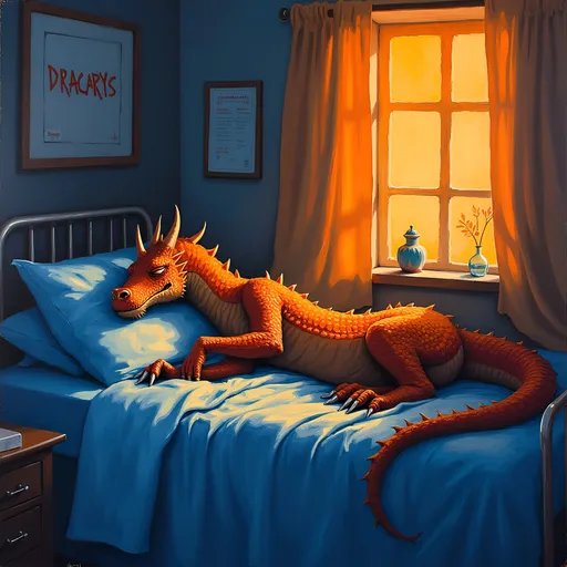 Prompt: The words above the sleeping man (DRACARYS). Vibrant expressionist painting of a sleeping dragon in a college dorm room, dark orange and blue color palette, dynamic lighting with dramatic light and shadow, high-quality, expressive, dark orange, blue, vibrant, light and shadow, expressionism, college dorm room, sleeping dragon