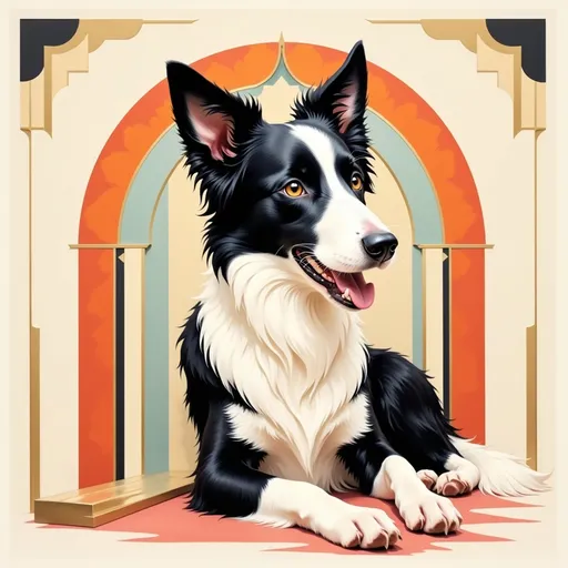 Prompt: Art Deco style, (pastel color scheme), elegant geometric patterns, (black and white), whimsical design, very skinny (pointy-eared border collie), playful pose, smooth lines and sharp angles, soft yet vibrant background, artistic blend of modernity and nostalgia, high quality, eye-catching aesthetics, (masterpiece).