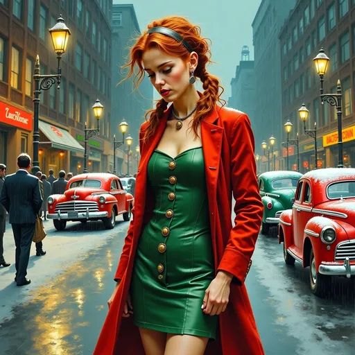 Prompt: "Full length thick impasto oil painting art of woman (full body) by Robert Maguire, invent a flowing green minidress with ornate buttons down the front and square neckline, heels,  necklace, earrings, long red coat, long very messy pale Scottish red hair in ragged pigtails, metallic headband, sad, naturally textured blemished freckled unusual looking slender small-waisted female protagonist with eyeglasses, looking downward, vibrant [N O I R] character with noir 1940s dark street with streetlights, 1940s American cars (different colors), snowy rain background"