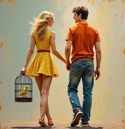 Prompt: "Full length full body thick impasto oil painting of two people by Robert Maguire , a shy man following a 25 year old blonde flirting woman in a short dress carrying a canary in a cage.