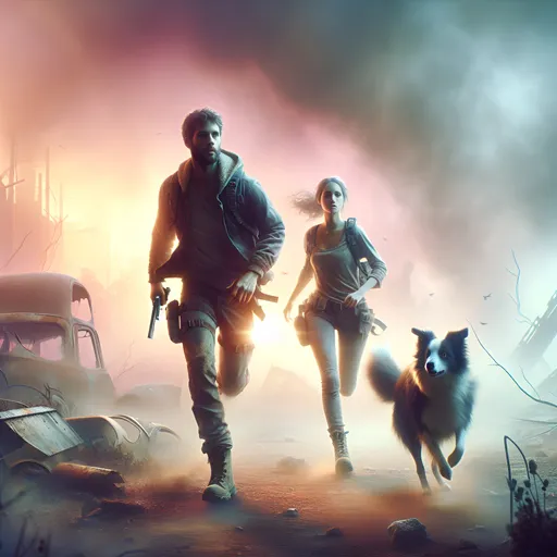 Prompt: Dreamy pastel portrait, (ethereal atmosphere), Caucasian man and woman running with their border collie, the carry hunting knives, post-apocalyptic battleground, soft pastel colors, misty and surreal lighting, slightly glowing hues, sense of urgency and determination, ruins and broken structures in the background, high detail and ultra-detailed, 4K realism, cinematic depth, high contrast between characters and background, floating particulate matter, dramatic composition.