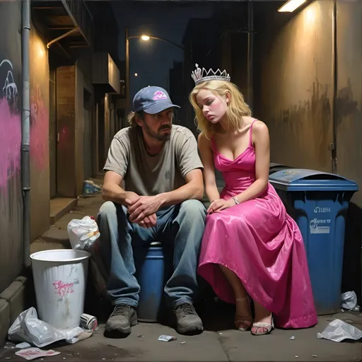 Prompt: A homeless man in baseball cap and a Drunken blonde female debutante in bright pink party dress and tiara are sitting on trash cans in a back alley, oil painting, desolate surroundings, gritty realism, dark and somber tones, dramatic lighting, ultra-detailed, emotive, expressive faces, cityscape in the background, reflective lighting, oil painting, desolate, gritty, dramatic lighting, somber tones, expressive faces