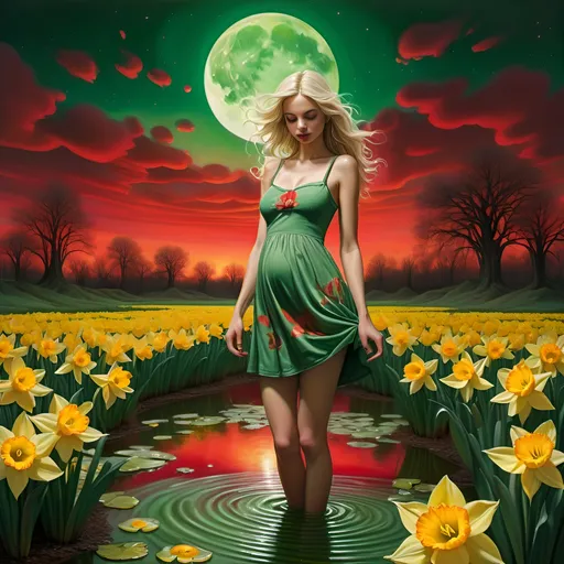 Prompt: a painting of a slender blonde woman (in a tight clinging green wet cotton floral babydoll dress) (standing up to her knees) in a green and red swirling pond with oversized yellow daffodils and a crescent moon in the background with a red sky, Anne Stokes, space art, highly detailed digital painting, a fine art painting