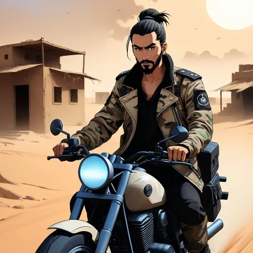 Prompt: Dark J-horror anime illustration of a man with a man bun, desert camo jacket, riding motorcycle through Iraqi abandoned village in a sandstorm, 2D, detailed face, intense stare, eerie atmosphere, highres, ultra-detailed, anime, J-horror, desert camo, intense sandstorm, Iraqi village, man bun, motorcycle, abandoned, atmospheric lighting, eerie ambiance