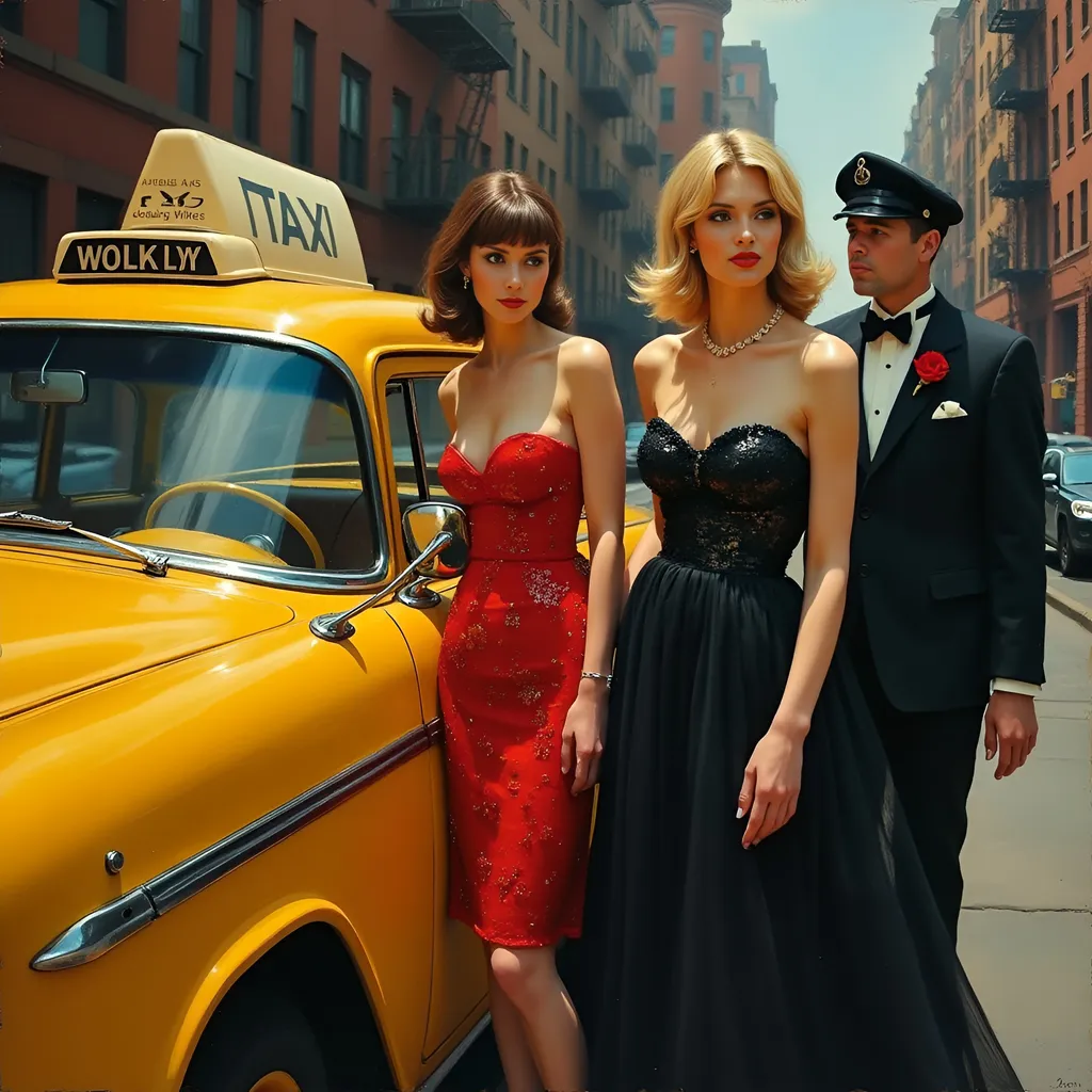 Prompt: In the oil painting style of James Avati. Two Drunken slender female debutantes in bright sequined party dresses are getting onto a yellow cab driven by a cabbie from the 1950s. One female has brown bangs hair and wear a red minidress, the other female has blonde chin length hair and wears a full length black gown. New York City side street,  oil painting, desolate surroundings, HD detailed facial features, gritty realism, dark and somber tones, dramatic lighting, ultra-detailed, emotive, expressive faces, brownstone building in the background, reflective lighting, oil painting, desolate, gritty, dramatic lighting, somber tones, expressive faces