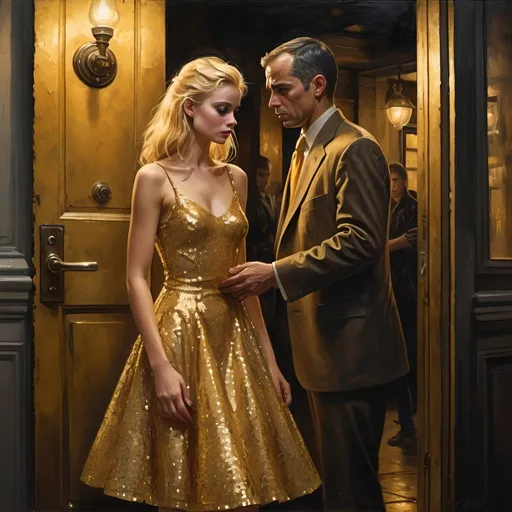 Prompt: A cabdriver helps  a Drunken blonde female debutante in bright gold sequined party dress up to her New York City front door,  oil painting, desolate surroundings, HD detailed facial features, gritty realism, dark and somber tones, dramatic lighting, ultra-detailed, emotive, expressive faces, brownstone building in the background, reflective lighting, oil painting, desolate, gritty, dramatic lighting, somber tones, expressive faces