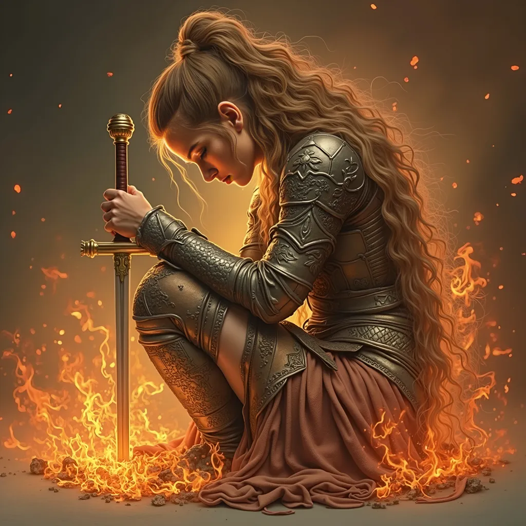Prompt: Surrounded by flickering flames, a warrior kneels with graceful poise, embodying both strength and vulnerability. Clad in intricately designed armor that melds elegant curves with fierce detail, her long, flowing hair cascades down her back, illuminated by the fiery glow that surrounds her. Her expression, a blend of contemplation and determination, reflects a moment of quiet resolve, as she grips her ornate sword firmly, poised in front of her. The swirling flames contrast beautifully against the muted background, creating a dramatic visual narrative steeped in the themes of battle, sacrifice, and inner turmoil. The overall atmosphere is one of fierce beauty and poignant solitude, encapsulating a powerful story within a single, striking image.