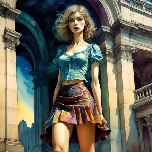 Prompt: Surrealistic, fantastical mystery mystic mythic illustration a woman in very short skirt. Top steps of New York public library, upward perspective, Arthur Rackham style, vibrant colored triadic inks, bizarre, fantasy, detailed, highres, surreal, magical lighting, vibrant colors, professional, atmospheric lighting