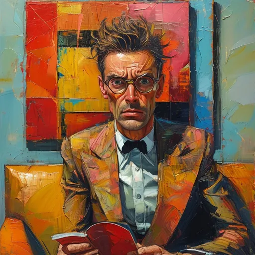 Prompt: <mymodel>abstract expressionism, attractive blonde male psychologist with bow tie, profile angle, sad tearful man, reading comic book, chair, couch, emotional atmosphere, intense brushstrokes, vibrant colors, distressed expressions, high energy, raw emotion, large canvas, powerful composition. Will Barney, surreal, Robert longo