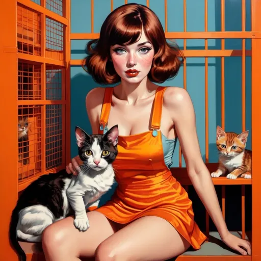 Prompt: Alluring woman, 20s,  with brown bangs and lots of freckles, sitting in a crowded pet shelter, wearing a very short, revealing her thighs, tight orange satin pinafore minidress, with a kitten in her lap, surrounded by cages and birdcages, her husband watches, pop art, vibrant colors, comic book style, pet shelter scene, detailed facial features, vintage pop art, dynamic composition, retro color palette, strong and bold lines, expressive characters