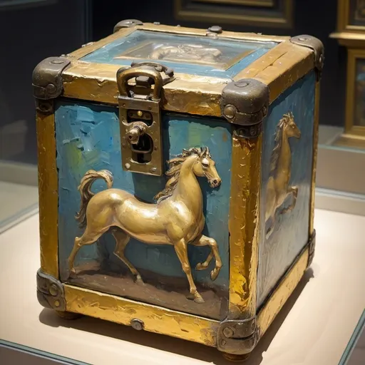 Prompt: Museum gallery. Paintings, sculptures, thick impasto oil painting of a mythical box, thick bumpy paint strokes, mysterious box mechanism, small golden metal box with three number lock, sitting in glass case at British museum.