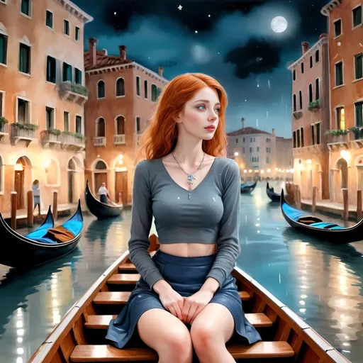 Prompt: Colored pencils, mixed media, gouache, watercolor, ink. Pastel tones. Night in Venice . raining. Stars.  A man and a woman sit in gondola. Man is tall, gray hair, big brown eyes, short beard, 55, Woman is  beautiful ginger haired with freckles. wavy hair, raw photo.  Slender small-waist long legs, mysterious woman, two bright blue eyes, perfect legs, three quarter profile, embracing man near people in movie line.  She wears very tight, very short, satin miniskirt with turtleneck, long heart shaped necklace , natural textured skin, high-quality, detailed, realistic, , atmospheric lighting, woman in miniskirt , tights, leggy, Venice canals