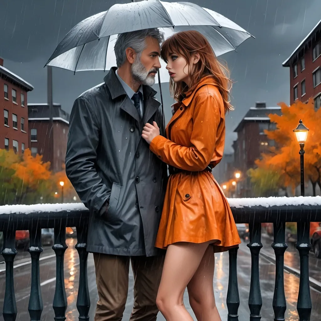 Prompt: 4k, high resolution, detailed, mixed media, colored inks, gouache, watercolor, dramatic, expressionism, rain, wind, snow, dark clouds. pretty orange bangs woman and gray-haired, gray bearded, man lean against railing,  park, autumn, street light, raining, blue eyes, short brown  bangs hair,  cute flared mini skirt reveals legs ,focus on legs, high heels, close up, dark colors , night,  detailed eyes, dramatic expression, autumn park,  raining, professional, fashion , orange themed photo  