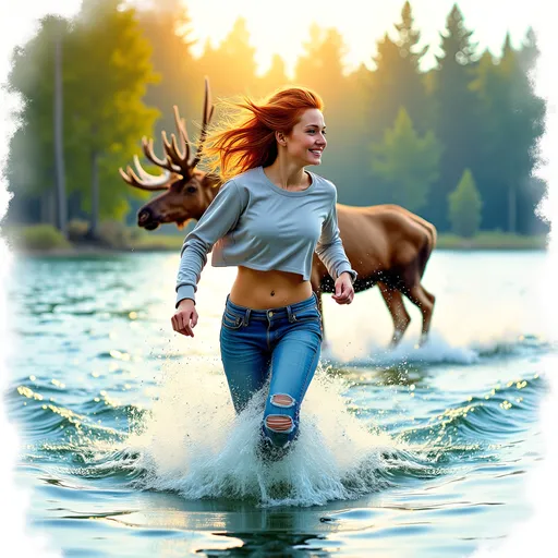 Prompt: watercolor painting of a woman (in profile) running being chased by a moose , (full body shot), (dynamic movement), woman splashing in a vibrant lake, (vibrant color scheme), stunning portrayal, beautiful slender figure, Scottish pale redhead, dressed in ragged tight jeans and a tight cropped sweatshirt, encapsulating joy and freedom, flowing water, sunlit ambiance, ultra-detailed, evoking a sense of adventure and vitality, reminiscent of Steve Hanks' style.