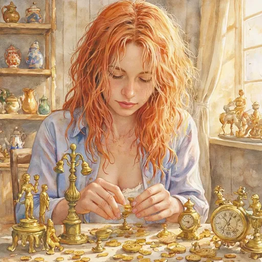 Prompt: Dreamy watercolor illustration. Close-up portrait. A 35 year old messy reddish blonde-haired woman sorts gold antique figurative statues, gold clockwork timepieces and gizmos, gold coins. Macro shot. Whimsical beachcomber style. Soft brushstrokes on reddish-blonde messy hair. Warm light dancing on table covered in gold items. Background with shelves full of gold pottery and statues. Golden hues on wooden floor. Soft, warm golden light. Best quality, highly detailed, vibrant, ethereal, serene, coastal, beachy, whimsical, dreamy, watercolor texture, impressionist.