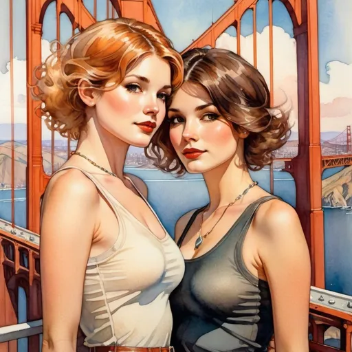 Prompt: Watercolor, gauche, mixed media, surreal. Two beautiful slender 27 year old women , different faces, arms around each other very close, one wears a turtleneck sweater, the other wears a tank top, looking up at  the Golden Gate Bridge , short hair with stylish hair cut, deep eyed, both wear very short tight leg polkadot miniskirts, pale skin, skin colored tights, bridge traffic , sunny, springtime, a few clouds,  symmetrical detailed faces, jewelry , slight freckles on one face and both with slight imperfections on skin, high heels, Bright eyes with highlights, professional lighting, highly detailed photo, full body, 