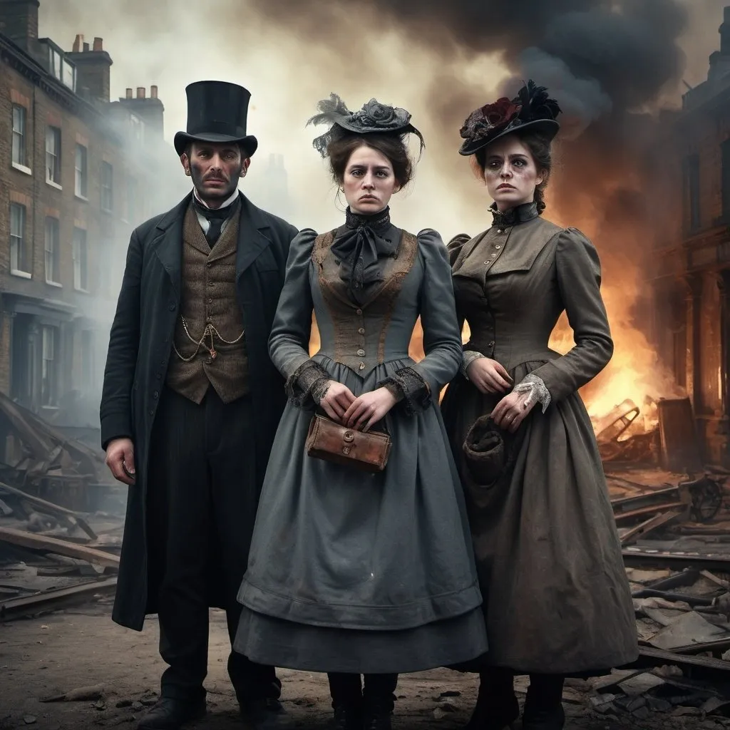 Prompt: Apocalyptic scene of three survivors in Victorian clothing, London landmarks destroyed, smoke and fire, detailed facial features, oil painting, desolate atmosphere, high quality, realistic, Victorian, post-apocalyptic, detailed clothing, smoky ambiance, destroyed landmarks, dramatic lighting, atmospheric, intense emotions, dynamic composition