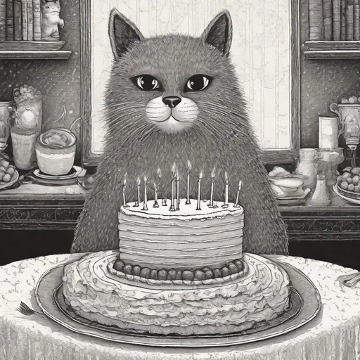 Prompt: Edward Gorey-style illustration of a cat enjoying a birthday cake, intricate linework, vintage aesthetic, detailed fur and whiskers, whimsical and macabre, high quality, monochrome, detailed linework, vintage, cat with cake, birthday celebration, detailed illustration
