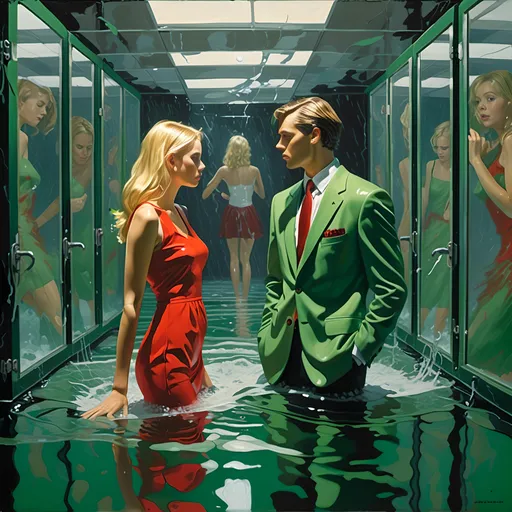 Prompt: <mymodel> young man in green suit  and  pretty young blonde Woman in lightweight very short red minidress dress and heels  (both with very wet hair) trapped in a (wet water-splashed life-size glass cubicle), dark room with (black empty walls), emphasizing isolation and vulnerability, figurative art, inspired by F. Scott Hess, reflecting deep emotions, (naturally textured realistic skin), (soaking wet clothing), stylistically aligned with Milo Manara, dramatic lighting to cast intriguing shadows, high detail, evocative atmosphere. Cinematic lighting.