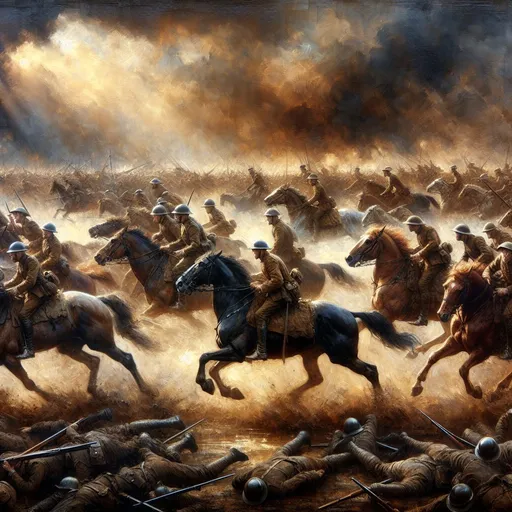Prompt: World War One cavalry charge, oil painting, chaotic battlefield, dramatic lighting, detailed horses, intense action, historical, high quality, realistic, war scene, dynamic composition, large scale, traditional art style, earthy tones, dramatic shadows, professional