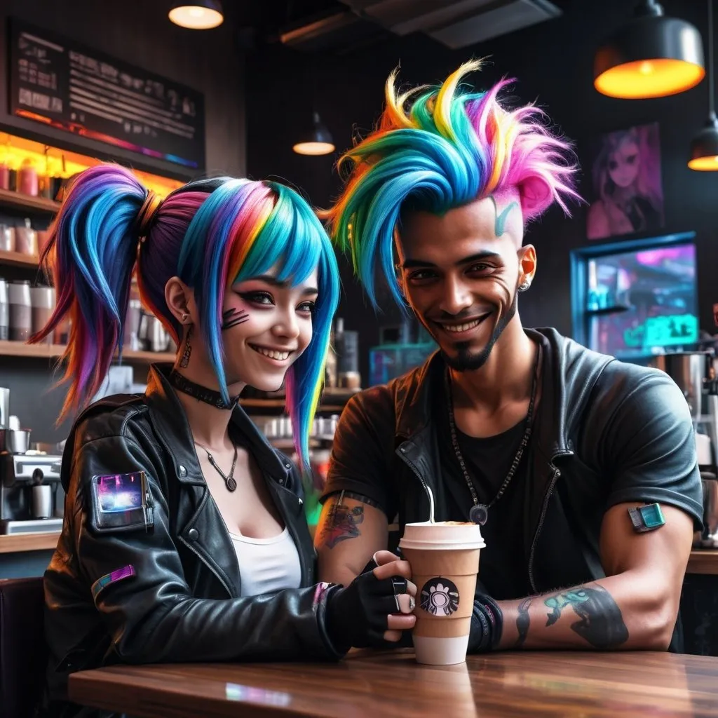 Prompt: Anime cyberpunk style, edgy dangerous man in coffee shop with happy woman with rainbow colored hair, highly detailed, HD, dark background