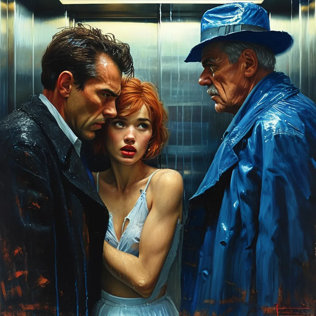 Prompt: (Surrealism style), dark color scheme, intense dynamic scene, (an angry young man in blue leather jacket) and a (determined older man in blue rain coat fighting), ( frightened pretty short red hair woman in a very short slim flared white miniskirt) watching, her body pressed against the elevator wall), dramatic tension, moody ambiance, high contrast shadows, textured brush strokes, detailed expressions of anger and determination, a suffocating elevator atmosphere, ultra-detailed, HD. Surrealism style image, colored inks, gouache, triadic color red white blue. 