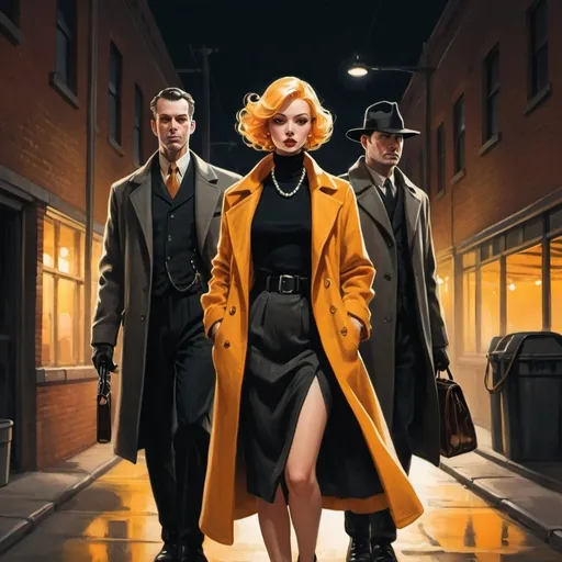 Prompt: An intriguing and mysterious illustration featuring two men following a very feminine slender small breasted woman with medium length light yellow with orange highlights hair. She is walking along the warehouse district at night with her purse in one hand and a pistol in the other.  Two men follow her, hats, long coats. Her skirt is very short, her turtleneck sweater has two strands of pearls. The color palette is a dark combination of film noir warehouse and lamplight, with a touch of confident attitude., illustration, fashion, 