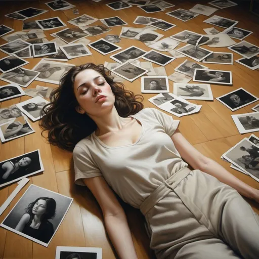 Prompt: a woman laying on the floor surrounded by photos of people, Brad Kunkle, photorealism, stanley artgerm lau, a hyperrealistic painting