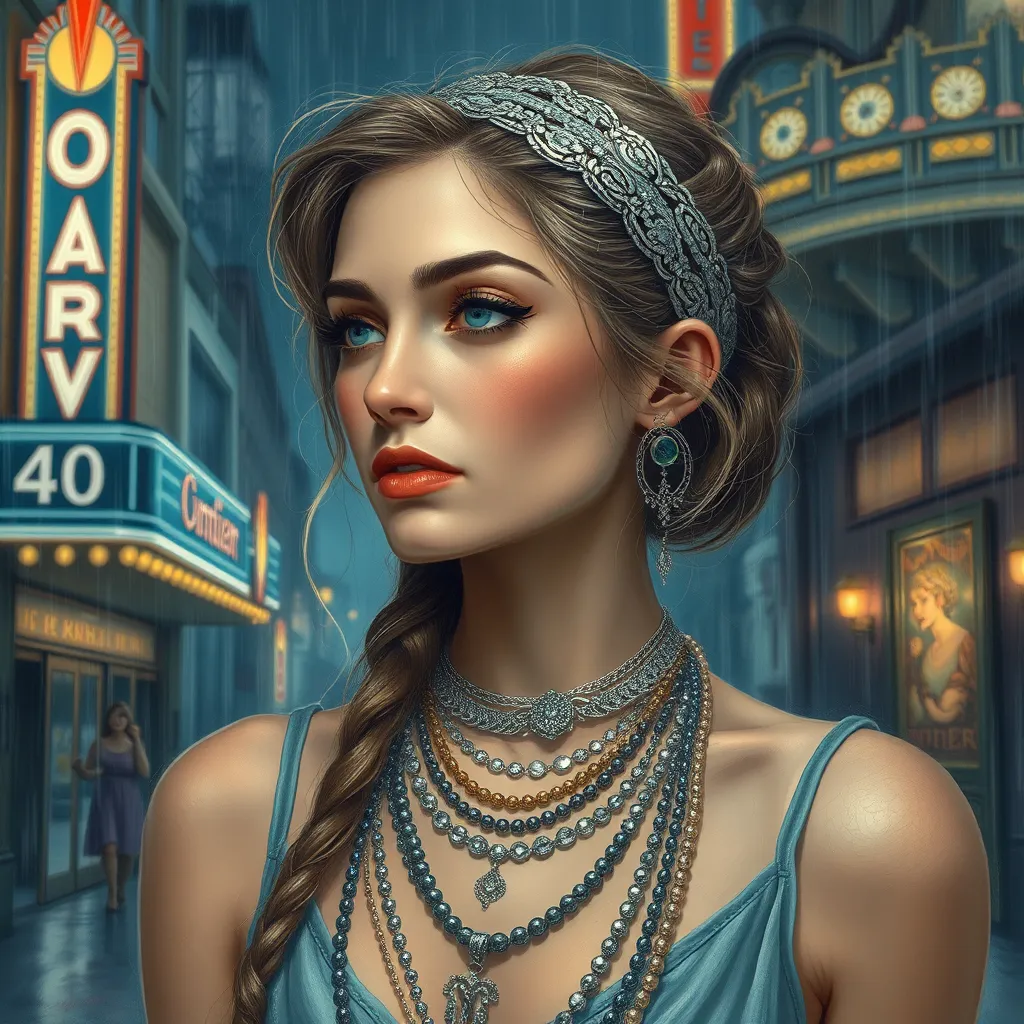 Prompt: Rainy Night (woman with a silver headband in her hair), (many necklaces around her neck), (art deco movie theater in the background), (fantasy art), (highly detailed), (art deco painting), enchanting colors, lush textures, intricate designs, dreamy atmosphere, magical lighting, ethereal glow, 4K quality, rich detail, whimsical feel, captivating composition.