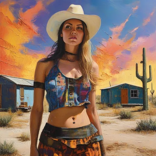 Prompt: Impressionistic thick impasto oil illustration set in the Arizona desert, in a bomb blasted Arizona trailer park.  an alluring woman in a babydoll dress worn over yoga pants. all dressed in crazy color post-apocalyptic fashion, full body shot, large palette-knife strokes, western American style, high quality, thick impasto, oil illustration, post-apocalyptic, detailed crazy colors, full body shot, cactus, desert animals, bombed trailer camp, distressed buildings, large palette-knife strokes, intense, professional lighting