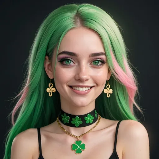 Prompt: Cartoony portrait of a beautiful mid-twenties irish woman, long straight green hair with pink highlights hair, smiling alluring come-hither expression, alluring heavy black and green makeup, pale skin, surrealistic details, gold ribbon, gold necklace, dangling 4 leaf clover green earrings, 8k render, cinematic lighting, dramatic, synthwave, bare shoulders, thick black and green green choker, detailed eyes, detailed hair strands, professional, vibrant colors, surreal, high quality