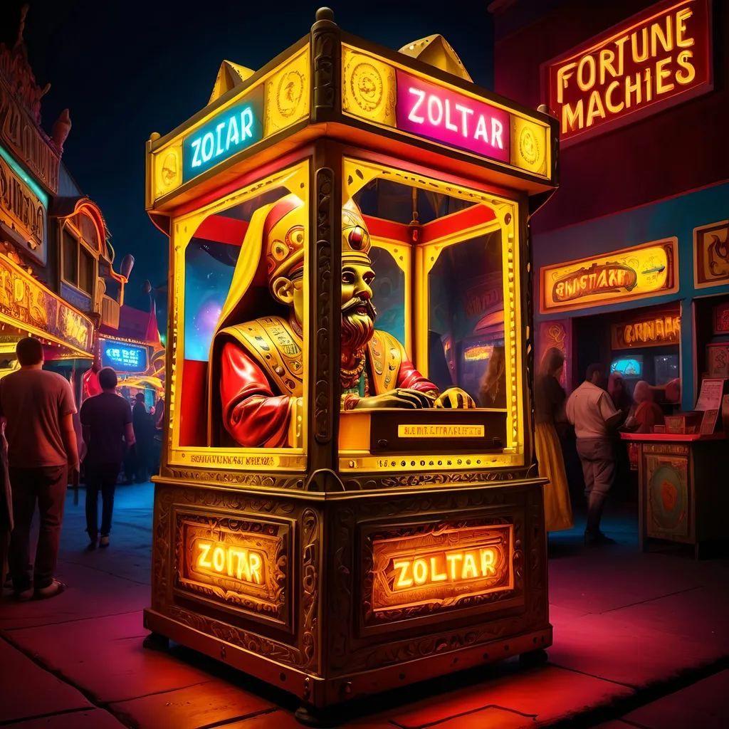 Prompt: (Fortune Telling machine "Zoltar"), vintage carnival style, colorful neon lights, intricate carvings, whimsical atmosphere, retro design, enchanting ambiance, detailed background of a bustling fair, deep reds and vivid yellows, (mysterious and enchanting mood), cinematic high definition, ultra-detailed craftsmanship.