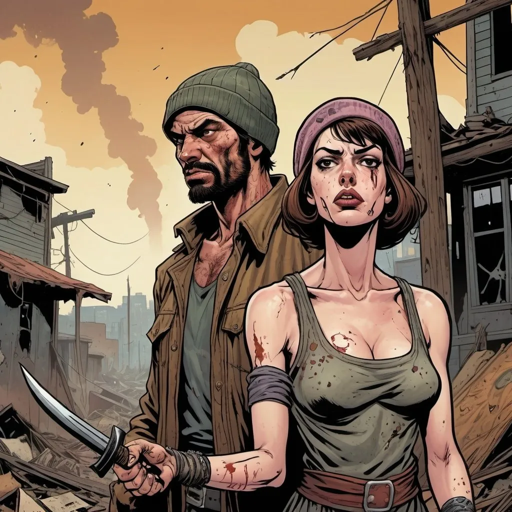 Prompt: Pulp-style three quarter profile color illustration of a man in beanie and a woman who looks like Ann Hathaway  in tattered post apocalypse dress, both with fighting staffs, many panels comic book style, GTA-inspired background, detailed facial features, dramatic lighting, high quality, urban setting, emotional gaze, near tears, weeping