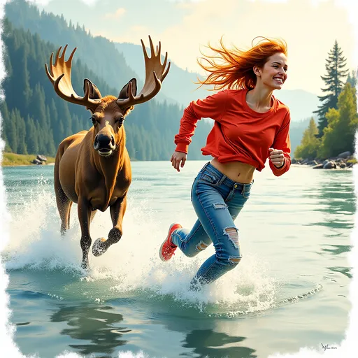 Prompt: watercolor painting of a woman (in profile) running being chased by a moose , (full body shot), (dynamic movement), woman splashing in a vibrant lake, (vibrant color scheme), stunning portrayal, beautiful slender figure, Scottish pale redhead, dressed in ragged tight jeans and a  dry tight, form Fitting, short cropped reddish sweatshirt, encapsulating joy and freedom, flowing water, sunlit ambiance, ultra-detailed, evoking a sense of adventure and vitality, reminiscent of Steve Hanks' style.