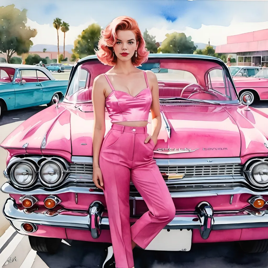 Prompt: Pretty in pink. Watercolor and gouache. A full body shot, a wide shot, showing a hot pink 1960 Chevy corvair in in a parking lot. An attractive young woman with Molly ringwald’s hair color and style mixed with face of Anya Taylor Joy is leaning against the car. She is wearing a funky all pink outfit.