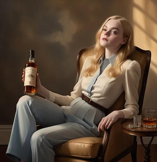 Prompt: (woman hybrid of blue-eyed Elle Fanning and Evan Rachel Wood), sitting on a chair, holding a bottle of whiskey, looking up at the sky, (Evelyn Abelson), inspired by American Barbizon School, (fashion photography), photorealistic painting, elegant attire, warm golden hues, (ultra-detailed), serene atmosphere, soft background with blurred nature elements, focusing on the play of light and shadows.