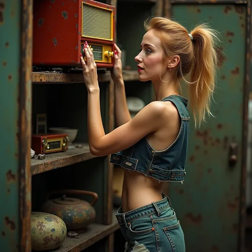 Prompt: (Bombed out ruin Bakelite radio store), (full-body portrait), 32 years old, blue eyes, very slender woman in profile lifting radio, action pose, sad smile, messy strawberry blonde hair, naturally textured skin, freckles,  loose and very thigh-high short distressed denim skirt, distressed military style vest, (seen in profile lifting a vintage radio high on a shelf), vibrant color scheme, intricate dystopian elements, warm lighting, captivating ambiance, ultra-detailed, high quality, artistic flair.