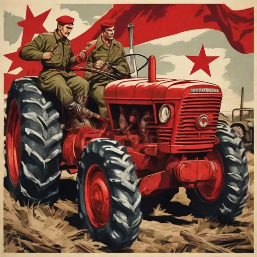 Prompt: Soviet propaganda illustration of men in red star berets, armed with rifles, standing by a 1950s tractor, vintage propaganda style, socialist realism, bold and powerful composition, detailed military uniforms, dynamic poses, rugged and weathered textures, strong and empowering facial expressions, vintage poster aesthetic, high contrast, bold colors, vintage propaganda, detailed tractor, historical, powerful and impactful, vintage style, gritty atmosphere