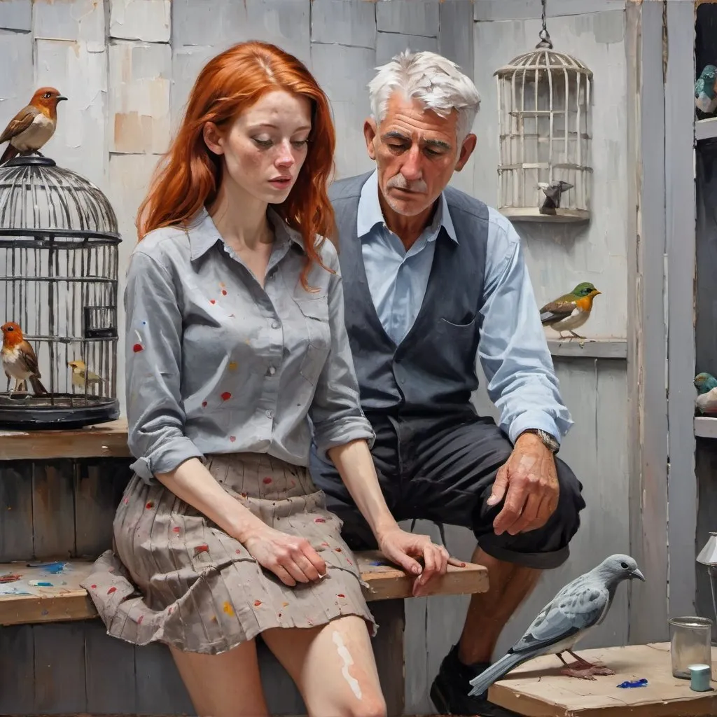 Prompt: thick impasto oil painting of freckled redhead in short skirt looking at a bird cage, thick bumpy paint strokes, gray haired man watches