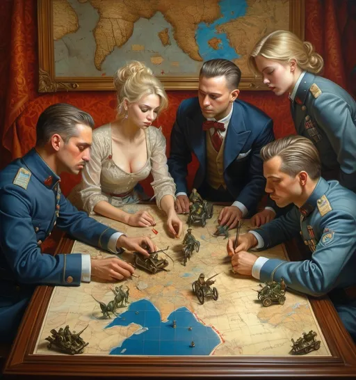 Prompt: (two men and two women playing with a toy soldiers which sit upon a World War Map), intricate (details of toy cannons and horses pieces scattered on the map), style of (Donato Giancola), (ultra-detailed oil painting), rich textures, dramatic lighting, a sense of playful nostalgia, elegant yet whimsical ambiance, showcasing vibrant colors against a beautifully crafted background, (fine art masterpiece).