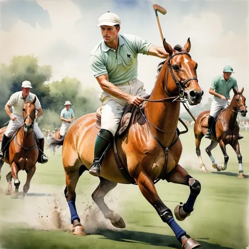 Prompt: Watercolor painting of a (white polo player), 1930s era, horse, polo match extreme action scene, vibrant colors, dynamic movement, intense and focused expression, vintage attire, soft brushstrokes, warm and sun-drenched tones, background with spectators in old-fashioned clothing, lush green polo field, ultra-detailed, high quality, beautifully composed, nostalgic atmosphere, muted sky, painterly texture, masterpiece, extreme action, unusual pose.