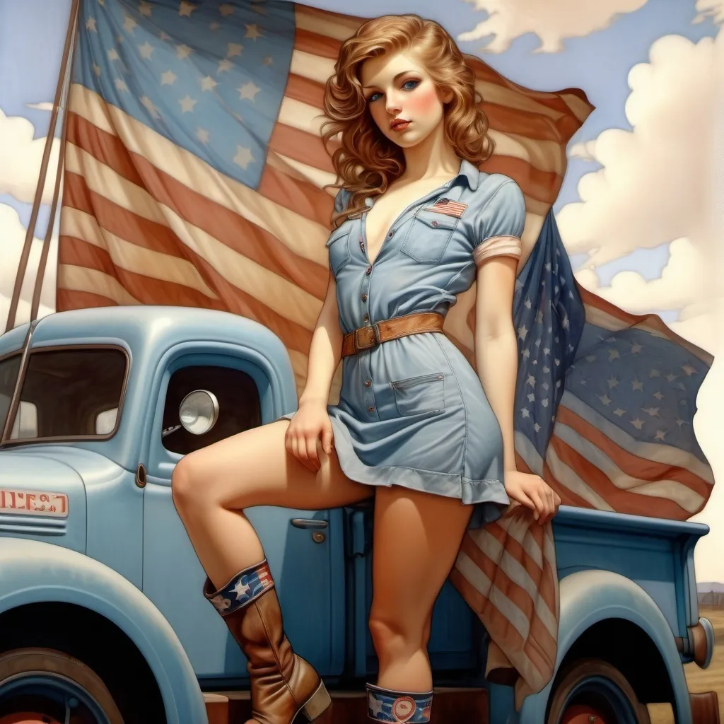 Prompt: 28 year old blue eyed woman wearing very short  minidress, and boots, stands in back of vintage American truck. Flag. Photorealistic 
