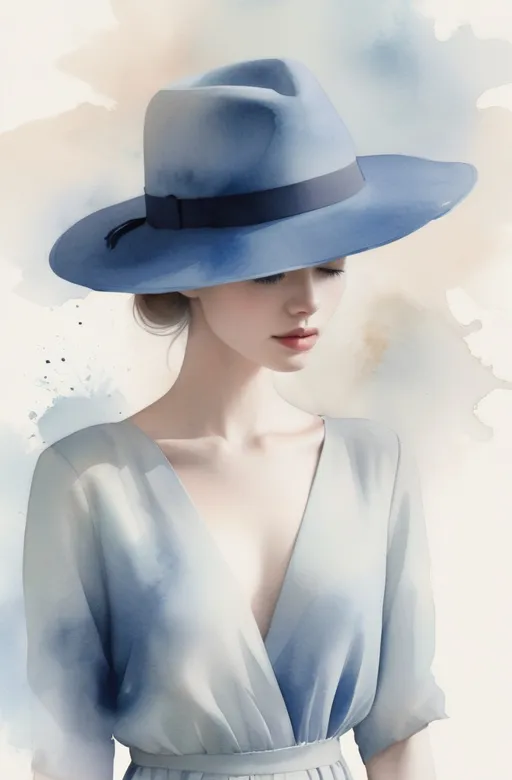 Prompt: This image shows a stylish woman with a partially hidden face, wearing a minimalist dress and a wide-brimmed blue fedora, set in a dreamy watercolor atmosphere with soft hues and delicate brush strokes.